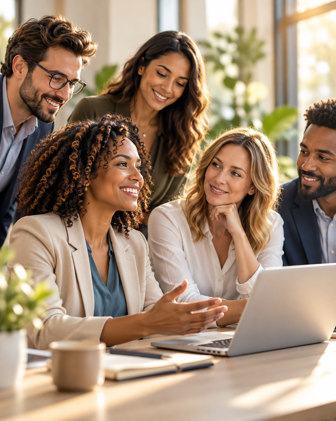 Diverse Team Collaborating Around Laptop Interdisciplinary helping professionals collaborating together