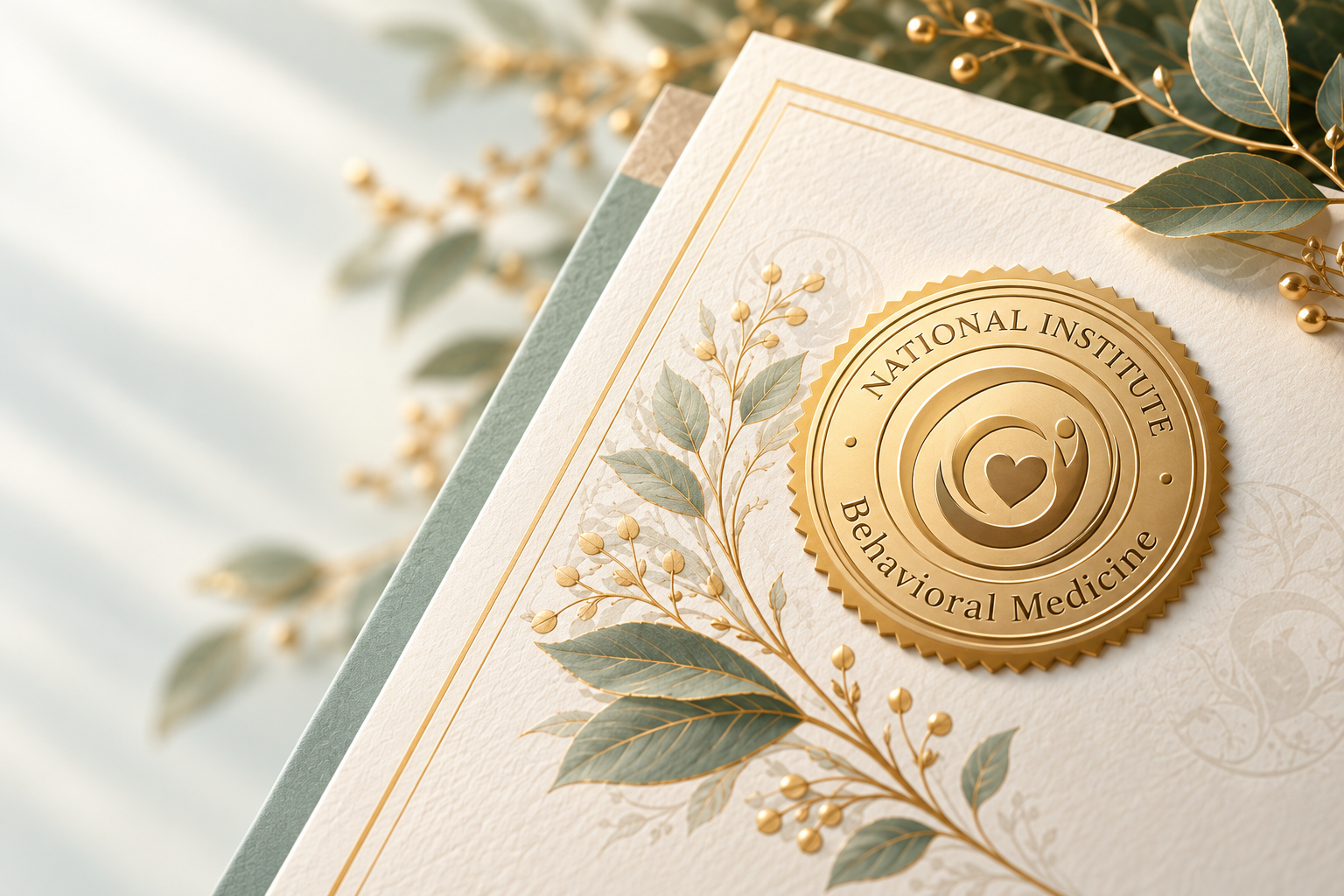 Decorative gold NIBM seal on an ivory certificate with botanical detailing.